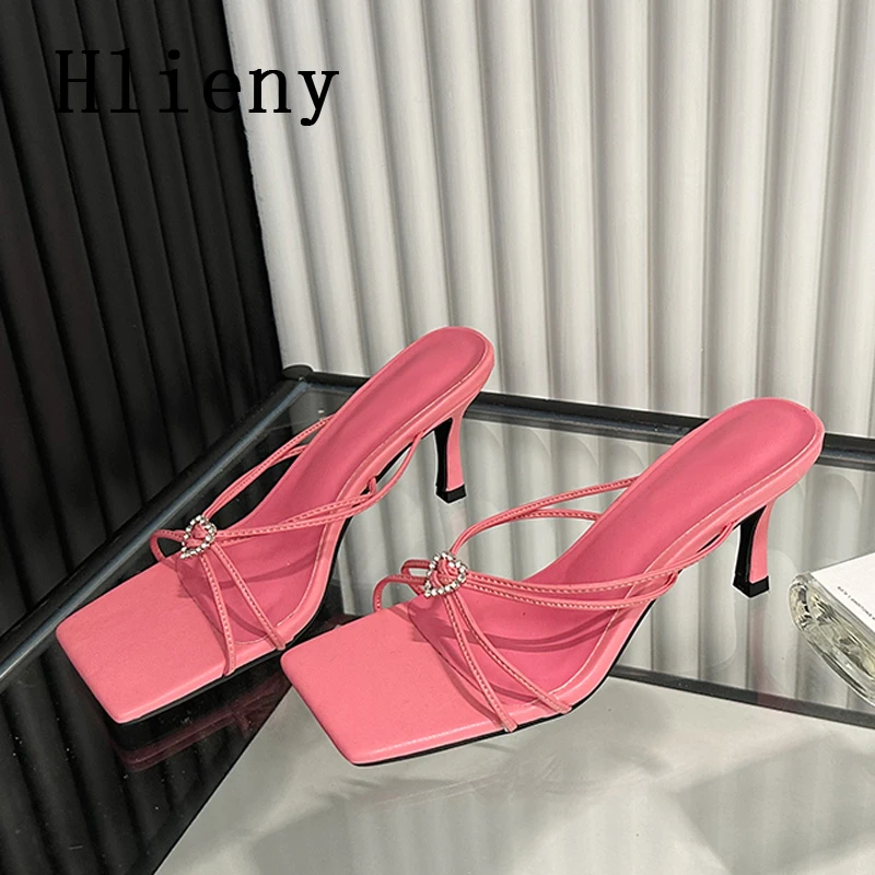 Hlieny Fashion Narrow Band Crystal Buckle Women Slipper Female Square Toe Low Heel Slides Sandal Summer Elegant Ladies Shoes