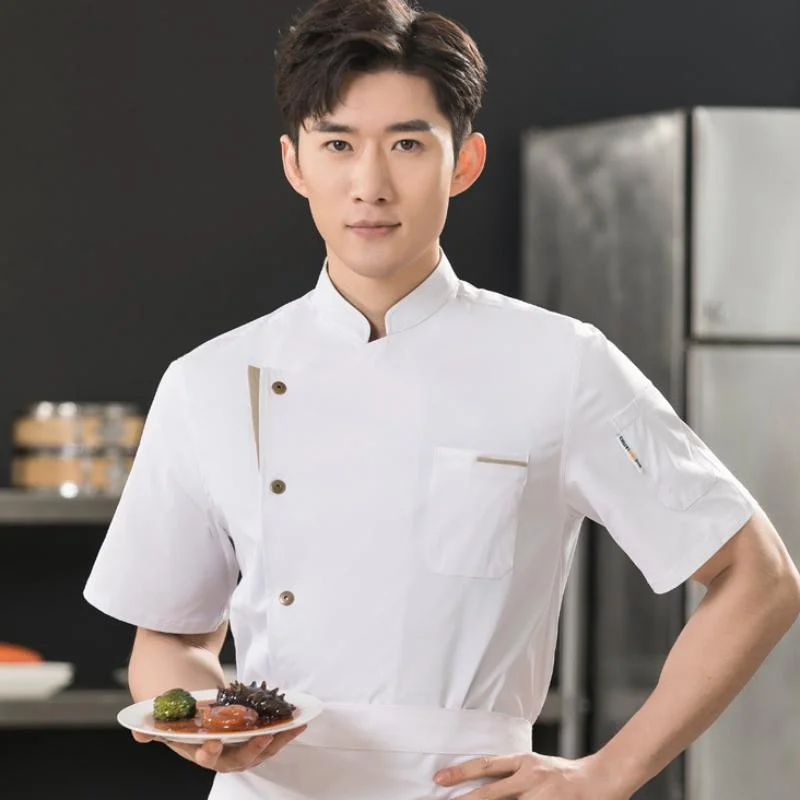 Chaqueta de chef profesional para hombre, uniforme de camarero de cocinero de cocina de manga corta de algodón