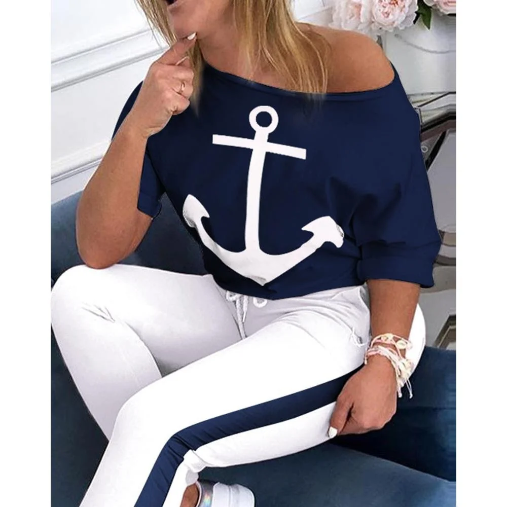 Tweedelig sportpak voor dames ort Sve T-shirt met bootprint Casual Sle lange broek Herfstfaion-set