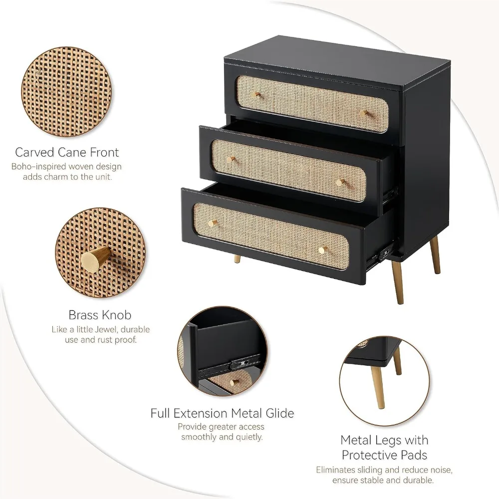 خزانة تخزين خشبية سوداء ذات 3 أدراج للمزرعة الحديثة، طاولة مميزة من الروطان، خزانة على الطراز البوهيمي لغرفة النوم