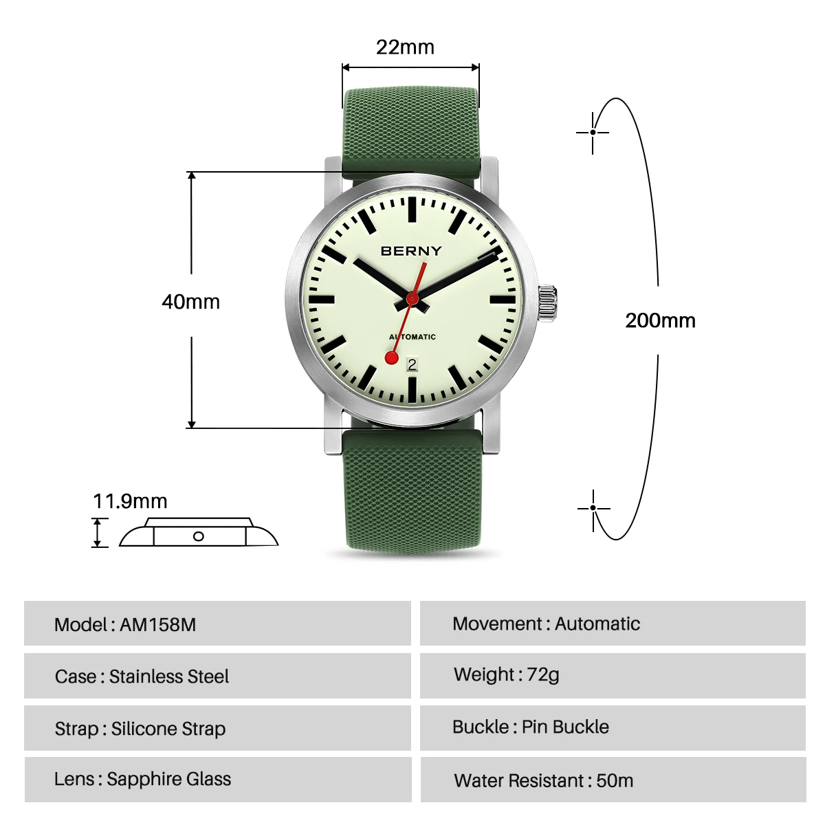 BERNY Watch for Men Automatic Self-Wind Trackway Watch Luxury Brand Luminous Dial Mechanical Swiss Trackroad Wristwatch Men 5ATM