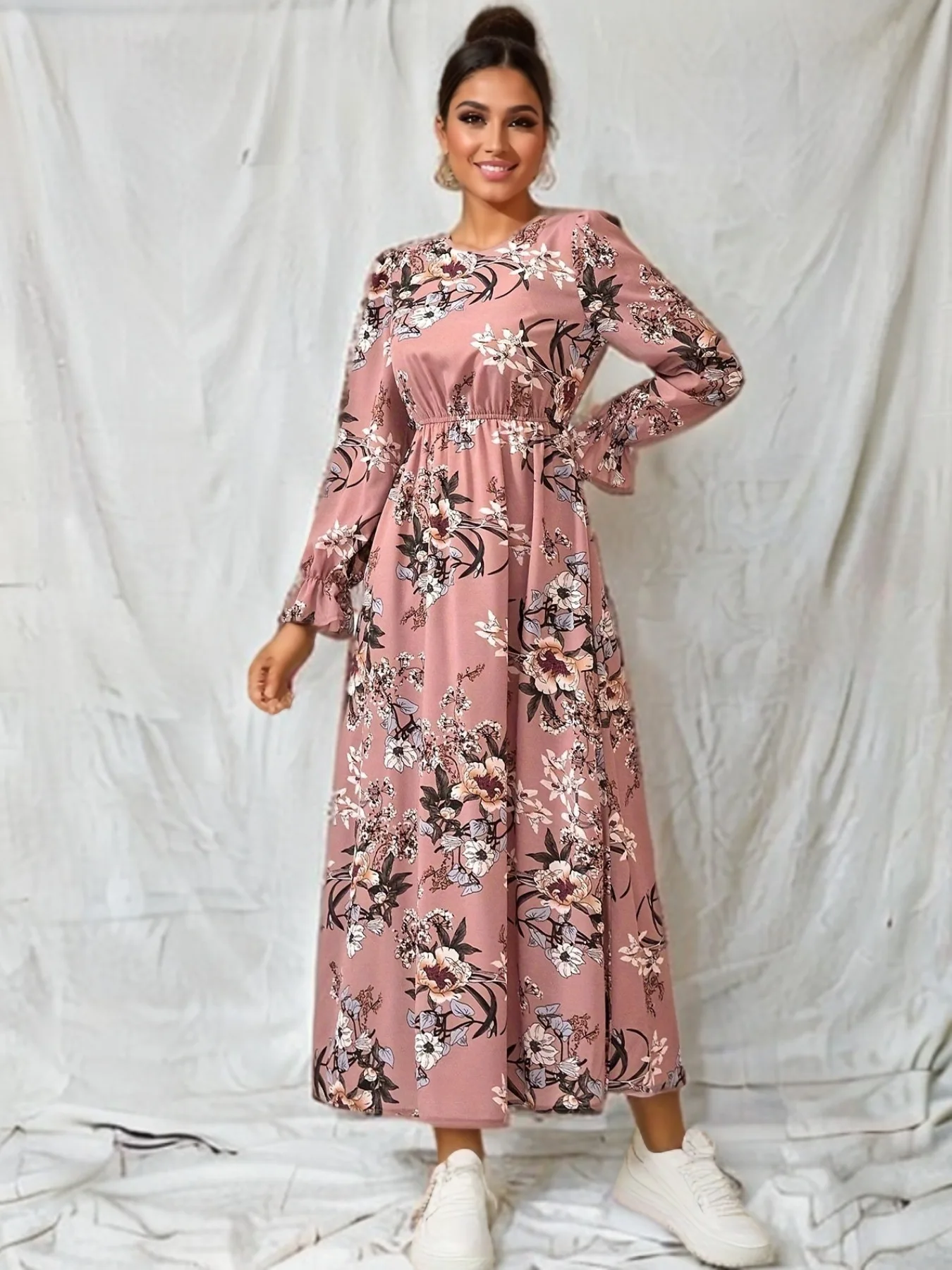 Vestido musulmán Eid para mujer, manga abullonada, cuello redondo, marroquí, Ramadán, flores, vestido de fiesta, caftán árabe, túnica larga informal