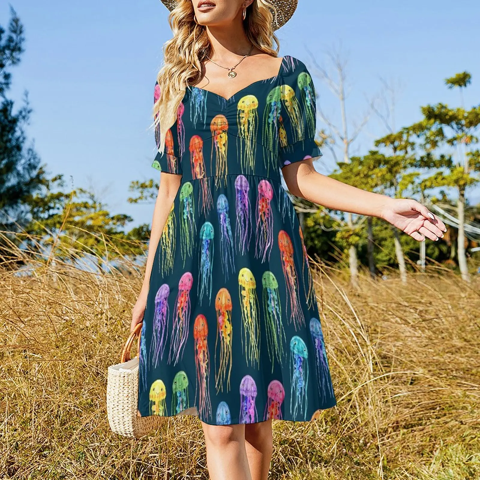 Rainbow Watercolor Jellies on Dark Teal Short Sleeved Dress summer dresses womens 2025 sexy dress for women purple dress