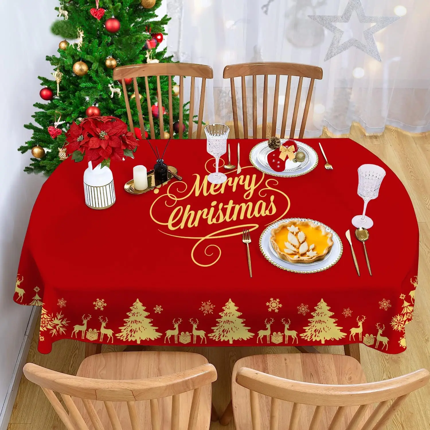 Merry Christmas Golden Table Cloth, Xmas Tree, Elk, Red, Party, Holiday, Dining Room, Kitchen, Picnic Tablecloth, Home Decoratio