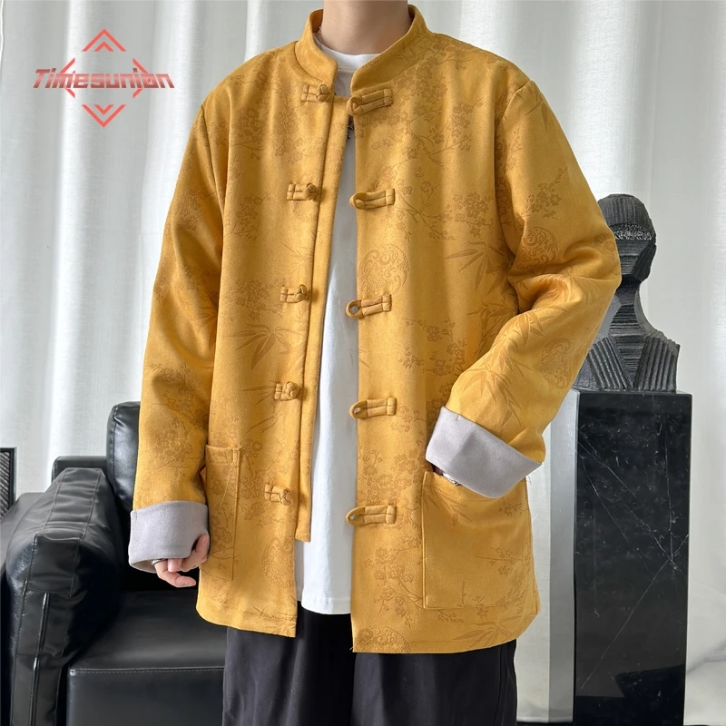 

25 Autumn Jackets for Men Deerskin Velvet Chinese Style Retro Disc Buckle Jackets Man Tang Suit Hanfu Coat Traditional Clothing