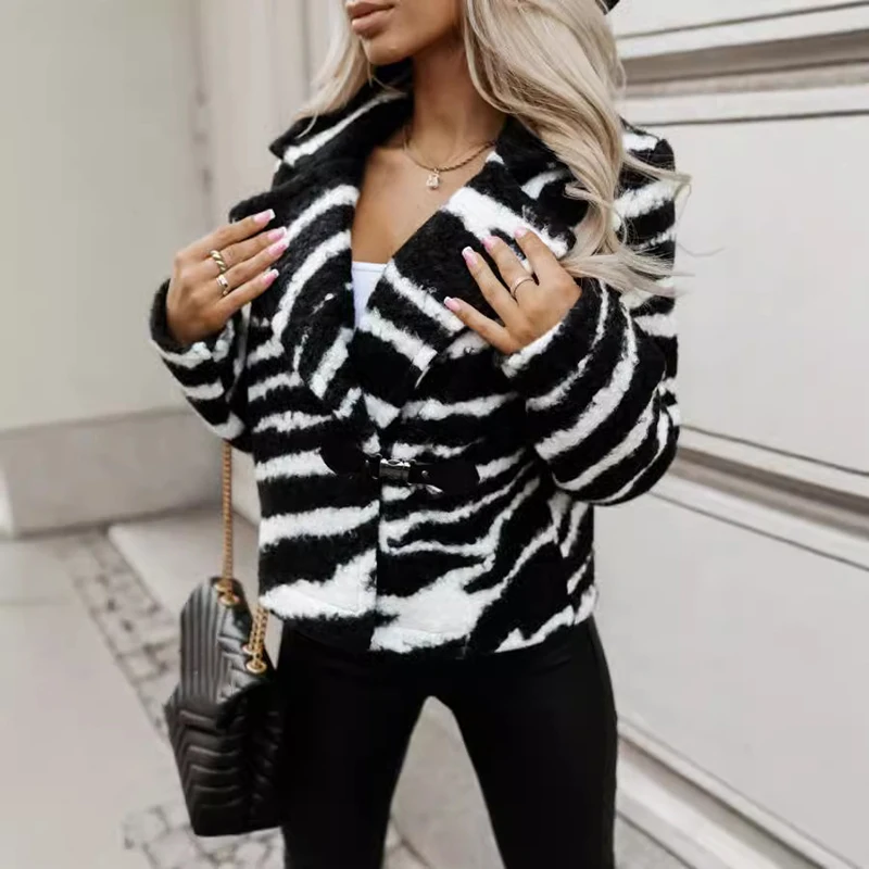 Winter 2024 Zebra Print Turn Down Collar Short Jackets Casual Autumn Thick Buckle Woolen Coats Women Elegant Furry Warm Outwear