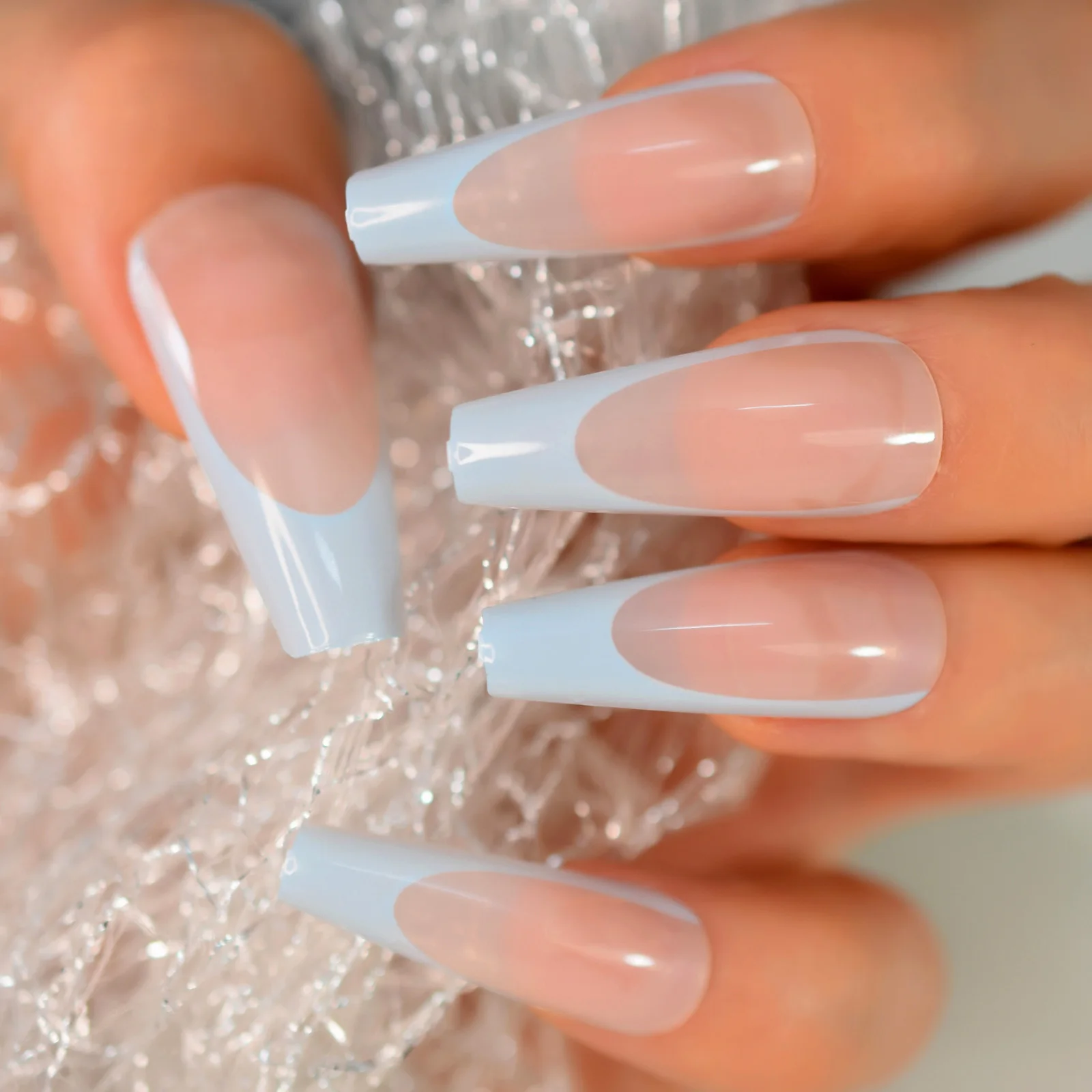 Stampa francese extra lunga lucida azzurra su unghie finte Ballerina nuda Bara Stampa sulle unghie Suggerimenti per nail art con copertura completa