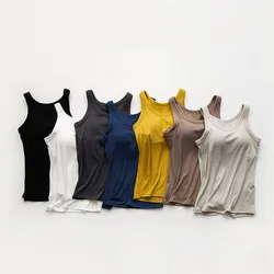 Ribbed Women's Camisole with Padded Wireless Bust Solid Color Casual Slim Undershirts Round Neck Camis Tank Female Outwear C5834