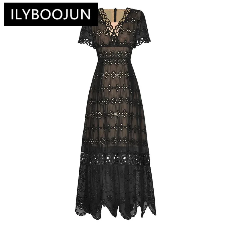 

ILYBOOJUN Summer Fashion Designer New Dress Women Lace-Up Mesh V Neck Short Sleeve Hollow Out Irregular Big Swing Midi Dress