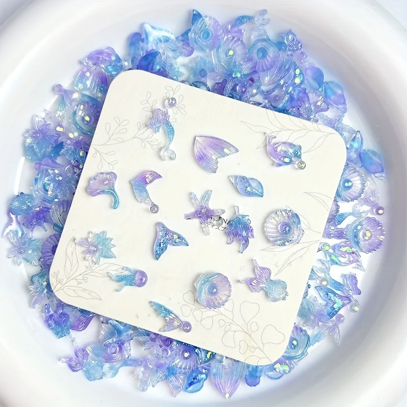 50pcs GLOW-in-the-Dark MINI Ocean Charms ชุดเปลือกหอยเงา,ปลาดาว Mermaid หางสําหรับเล็บ, โทรศัพท์กรณีเครื่องประดับ Crafting