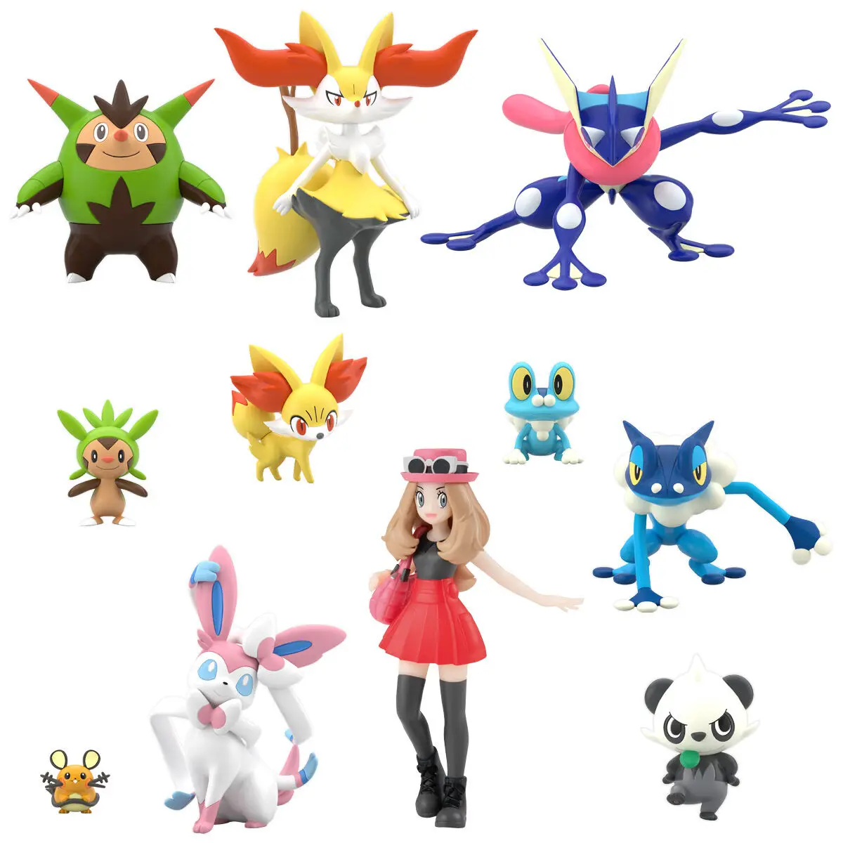 original-bandai-pokemon-scale-world-kalos-region-froakie-greninja-fennekin-pancham-chespin-serena-dedenne-anime-action-figures