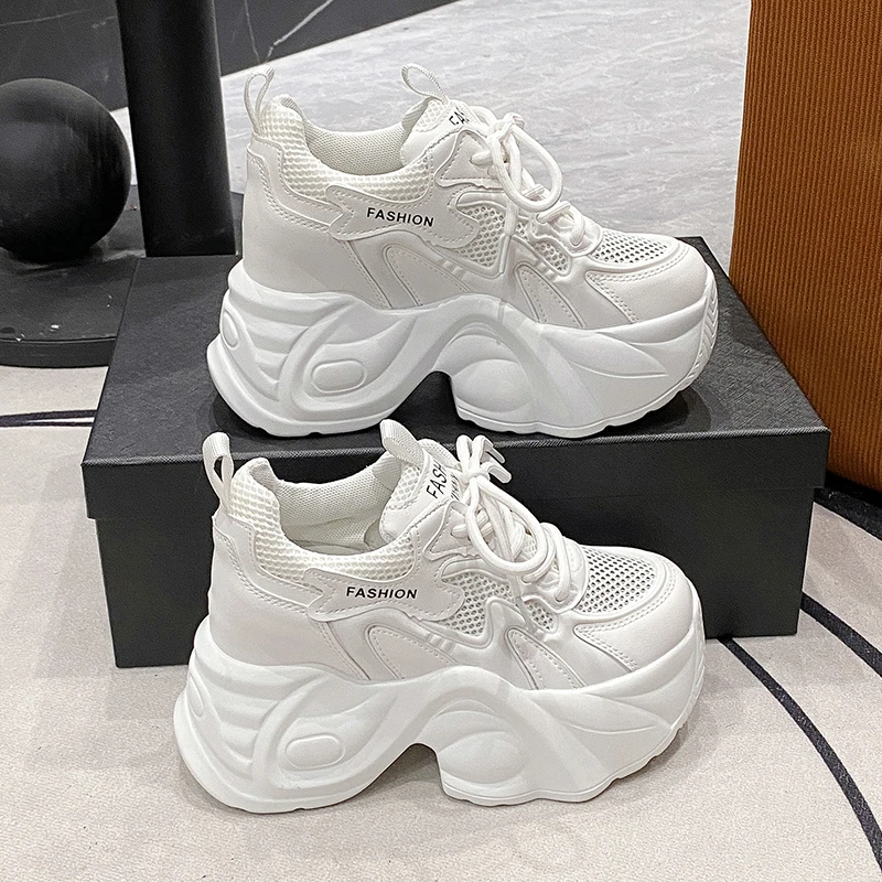 

8.5CM Women Summer Hollow Breathable Mesh Chunky Sneakers Microfiber Leather Comfy Casual Dad Shoes Female Platform Sports Shoes