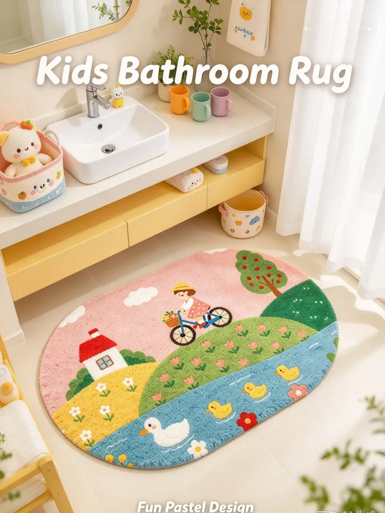 Cute Cartoon Girl Cycling Bathroom Mat, Soft Plush Absorbent Bath Rug, Non Slip Oval Door Mat with Duck House Floral Pattern for