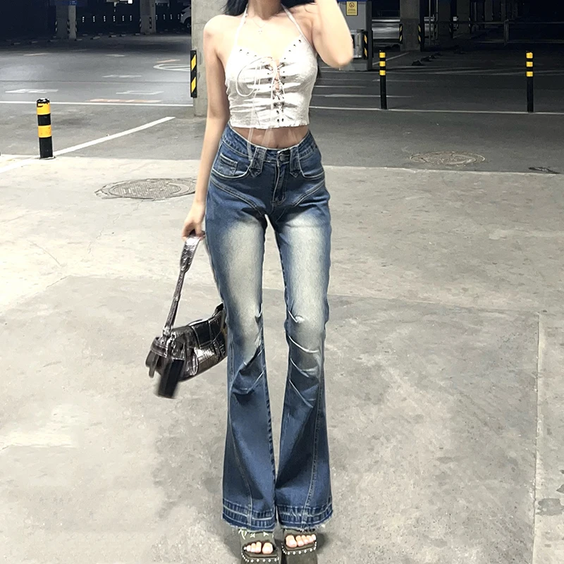 Hong Kong Style Retro All-Match High Waist Jeans for Women Slimming Sense of Design Bell-Bottom Pants Sexy Wide-Leg Pants