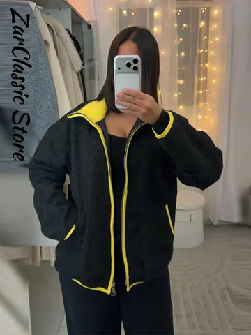 Casual Contrast Fleece Jacket Women Stand Collar Zipper Pockets Full Sleeve Female Coat 2025 Autumn Winter Lady New in Outwear
