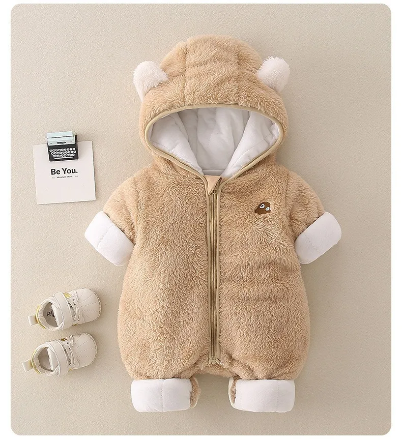 Baby Autumn and Winter Jumpsuit Double-sided Velvet Warm Cotton Coat Boys and Girls Baby Rompers Hooded Outdoor Clothes