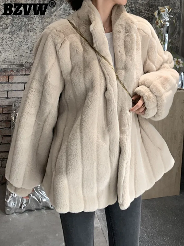 BZVW Fashion Faux Fur Coat Temperament Stand Collar All Match Solid Color Casual Warm Outerwear Women 2024 Autumn Winter 23C2929