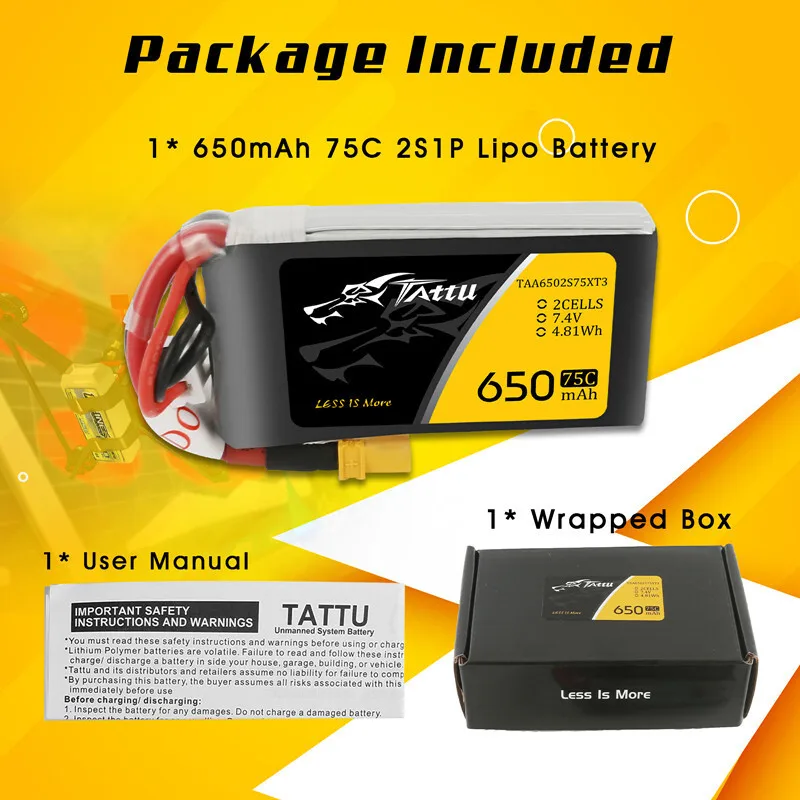 Nova bateria lipo tattu 2s 7.4v 650mah 75c para helicóptero rc quadcopter fpv peças de drone de corrida 7.4v bateria