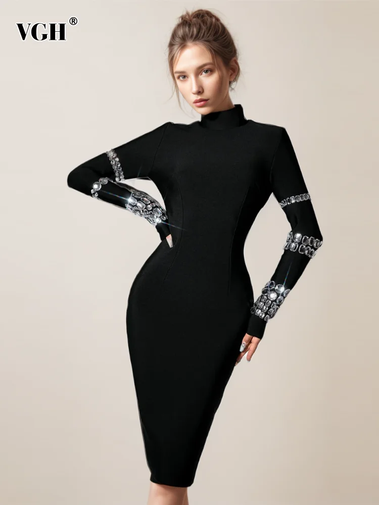 

VGH Patchwork Diamonds Solid Elegant Dresses For Women Turtleneck Long Sleeve High Waist Minimalist Slimming Dress Female New