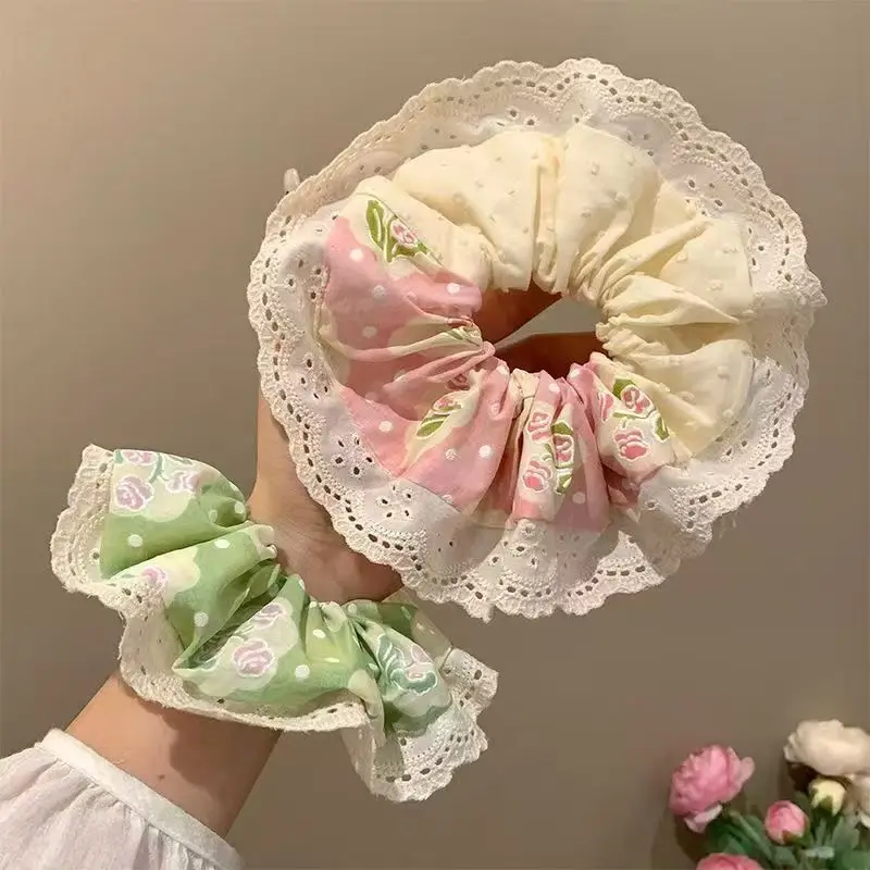 

New Korean Summer Lace Edge Scrunchy Bow Fabric Hair Tie Fresh Sweet Floral Hair Accessory for Women Sturdy
