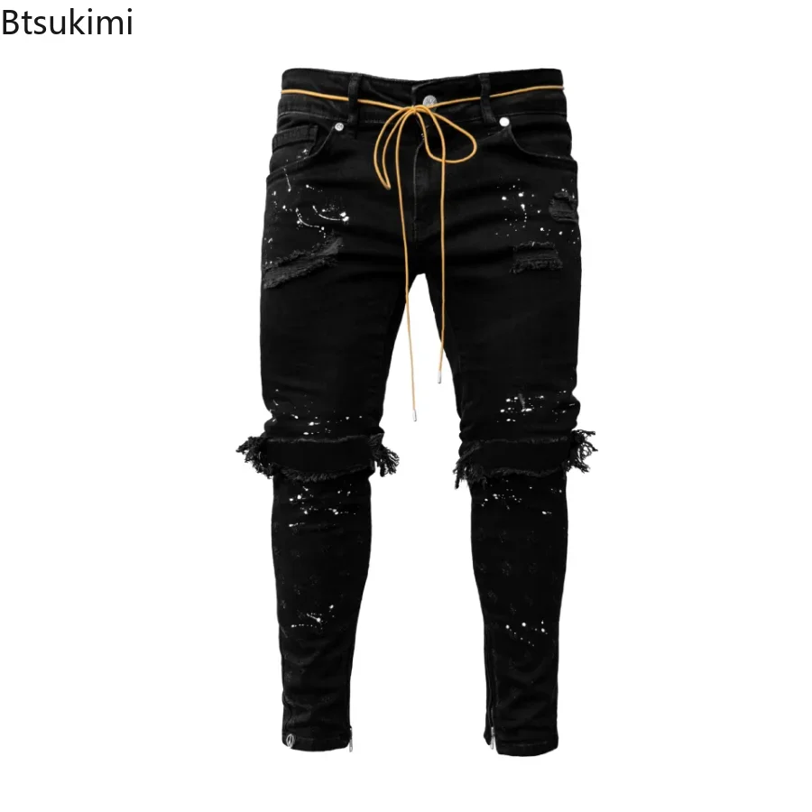 New 2024 Ripped Hole Jeans for Men Hip Hop Cargo Pant Distressed Denim Jeans Skinny Men Clothing Full Length Slim Trousers Male