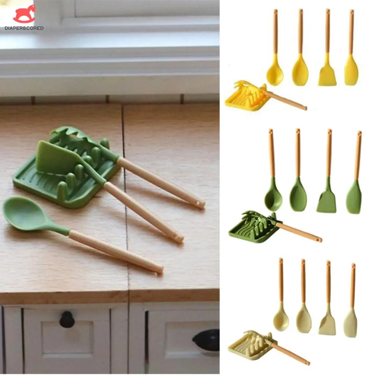 1:6 1:12 Dollhouse Miniature Pot Spatula Spoon Squeegee Frying Shovel With Holder Tray Kitchen Kitchenware Model Decor Toy