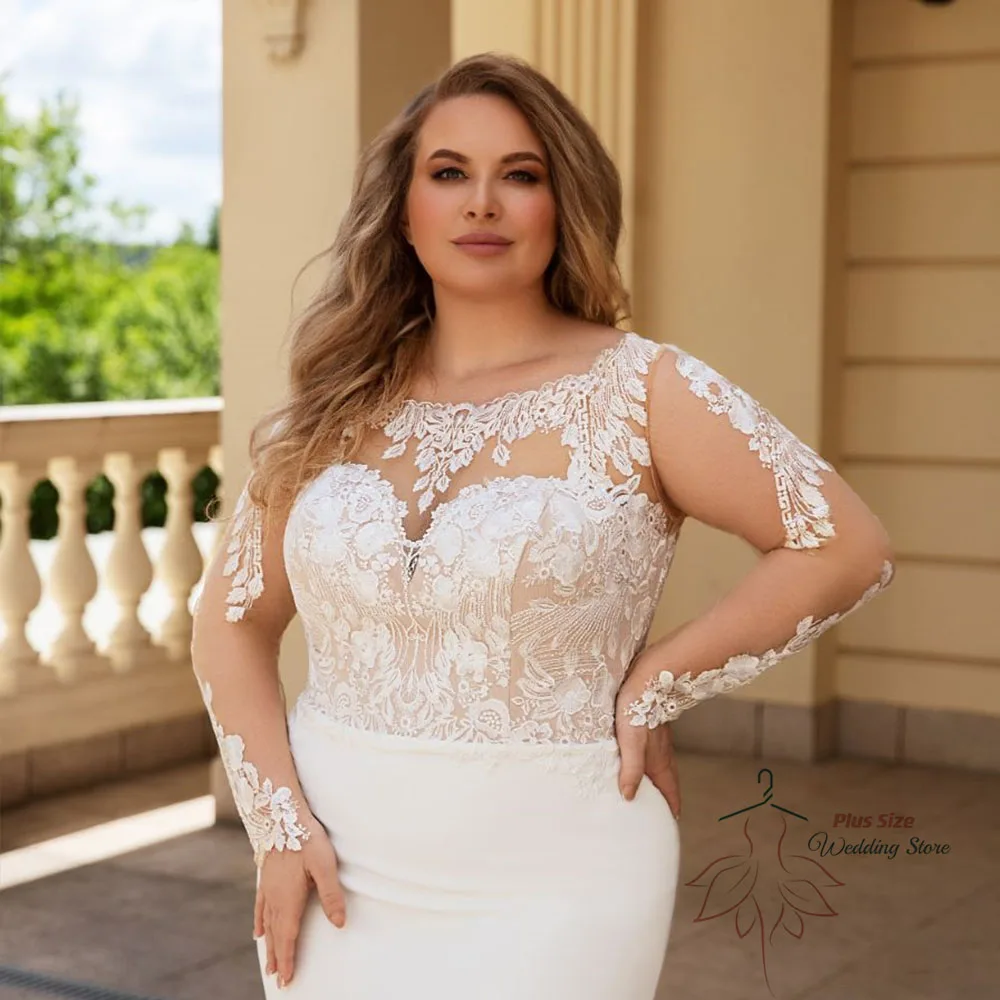 Vestidos de casamento sereia com mangas completas, vestido de chiffon, Lace Applique, O-Neck, Sweep Train, Plus Size, Noiva, 2023