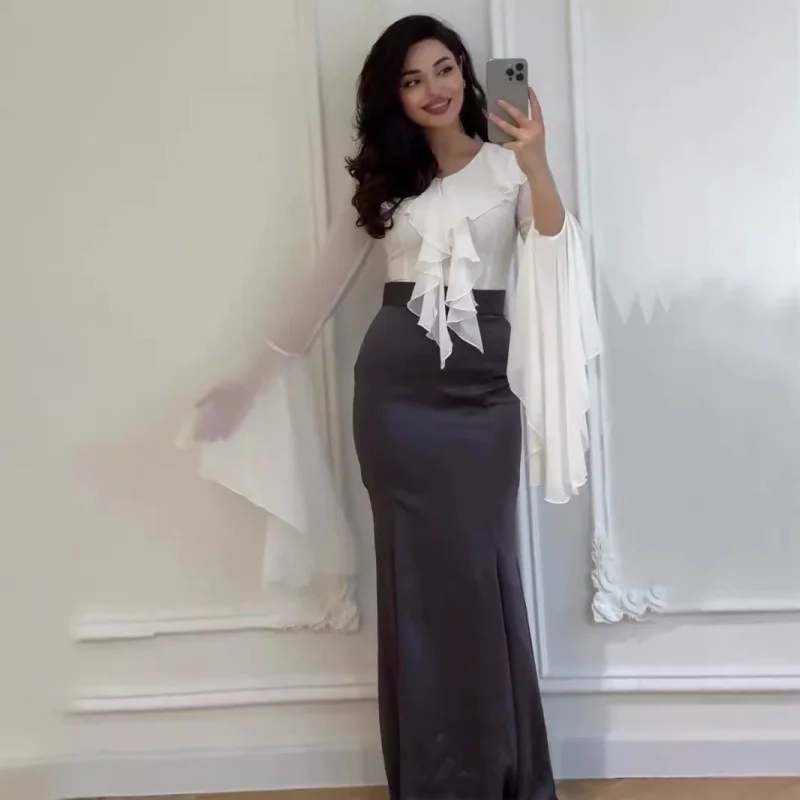 

2025Элегантное милое лоскутное облегающее платье с длинными рукавами и рюшами на рукавах