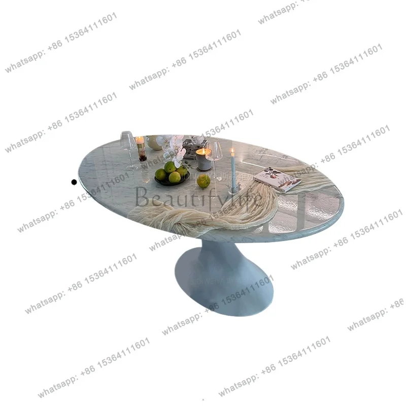 

French Cream Style Natural Luxury Stone Dining Table Italian Minimalist Oval Medium Flower White Marble Dining Table