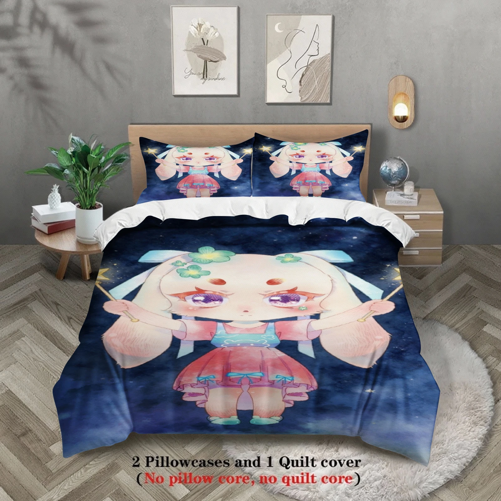 Softville Cozy Town 3PCS Bedding Sets Lop Rabbit Starry Night Printed Duvet Cover No filling Cartoon Style Queen King Size