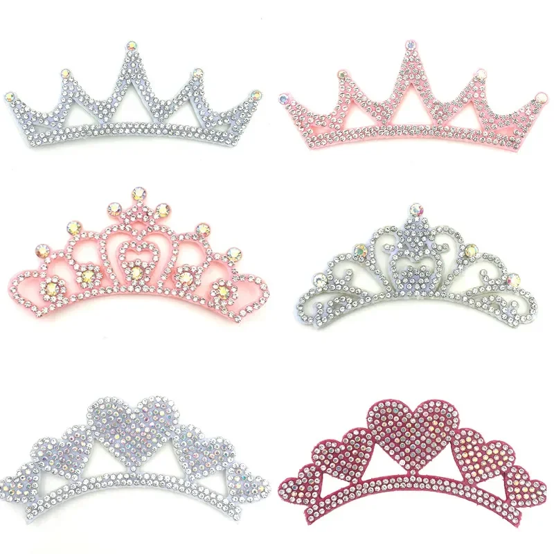 Silver Pink Cute Princess Rhinestone Crown Patches for Clothing Sew Glue on Clothes Sticker Applique Sewing Hairpin Accessories