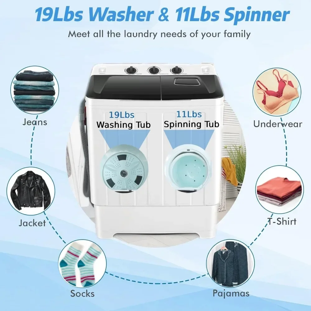 Portable Washing Machine, Twin Tub 30Lbs Washer and Spin Dryer Combo with Built-in Drain Pump, Compact Laundry Washer