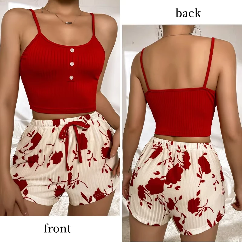 Women\'s Summer Short Sleeveless Groove Knitted Camisole Top and Printed Shorts Women\'s Two-Piece Pajama Set