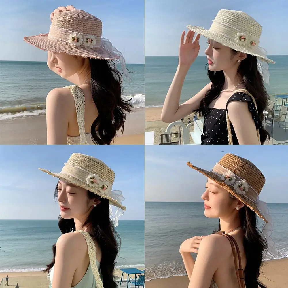 

New Wide Brim Sun Hat Sun Protection Lace Bow Flower Bucket Hat Foldable Handmade Straw Cap Travel and Vacation