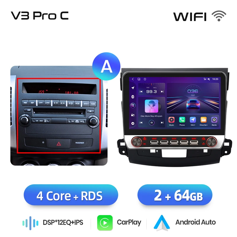 Junsun 13.1″ QLED Draadloze CarPlay Android Auto Autoradio Voor Mitsubishi Outlander 2 Citroen C-Crosser 2005-2011 DSP SWC RDS GPS