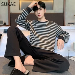 SUKAE L-6XL Plus Size Big Pajamas Set Fat Man Long Sleeved Pullover Leisure Home Suits Cotton Sleepwear Father's Pyjama Homme