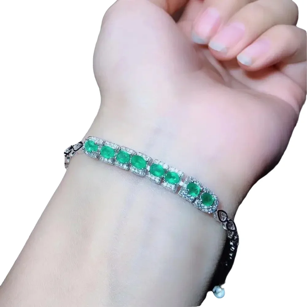 

KJJEAXCMY-925 Sterling Silver Bracelet for Ladies, Inlaid Natural Emerald Gemstone, Exquisite Gift, Boutique Jewelry, New Year