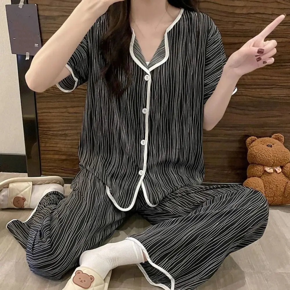 

Повседневный пижамный костюм в полоску с бантом, ледяной шелк, женский комплект одежды для сна с короткими рукавами, свободная домашняя одежда, ночная рубашка из трех предметов для девочек