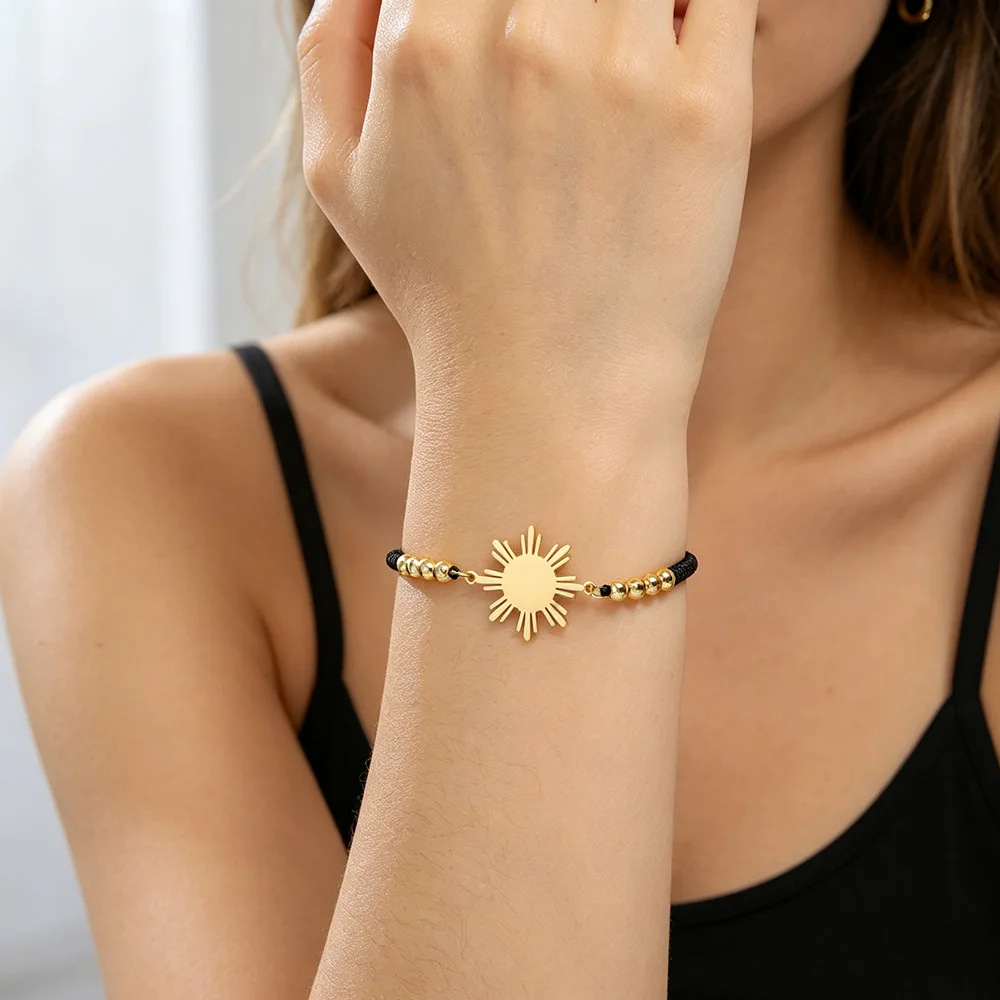 Skyrim Stainless Steel Philippine Sun Charm Bracelet Women Men Adjustable Black Rope Bracelet Flag of the Philippines Jewelry