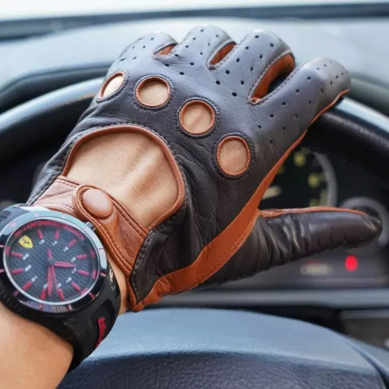 Men Leather Gloves Vintage Motorcycle Riding Driving Real Leather Touchscreen Non-slip Wear-resistant Thin Lambskin Gloves M-152