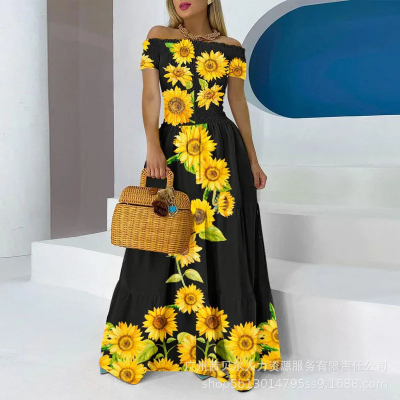 

New 2026 European and American new retro floral one-shoulder lantern sleeves waist long skirt-positioning