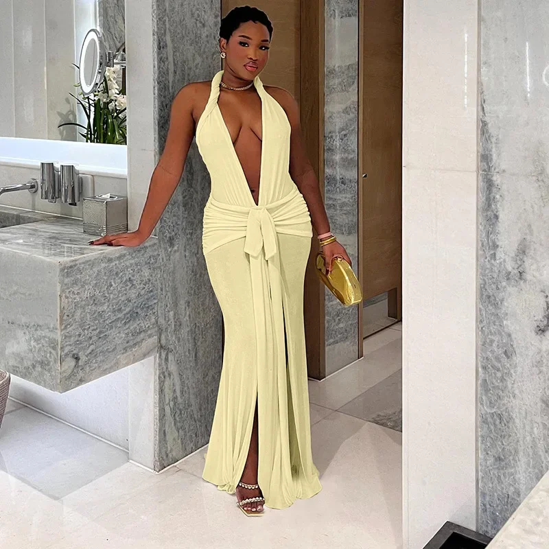 2022 frühling Spitze Up Band Halter-Backless Geraffte Bodycon Maxi Abend Party Kleid Sexy Tiefem V-ausschnitt Ärmel Split Lange Robe