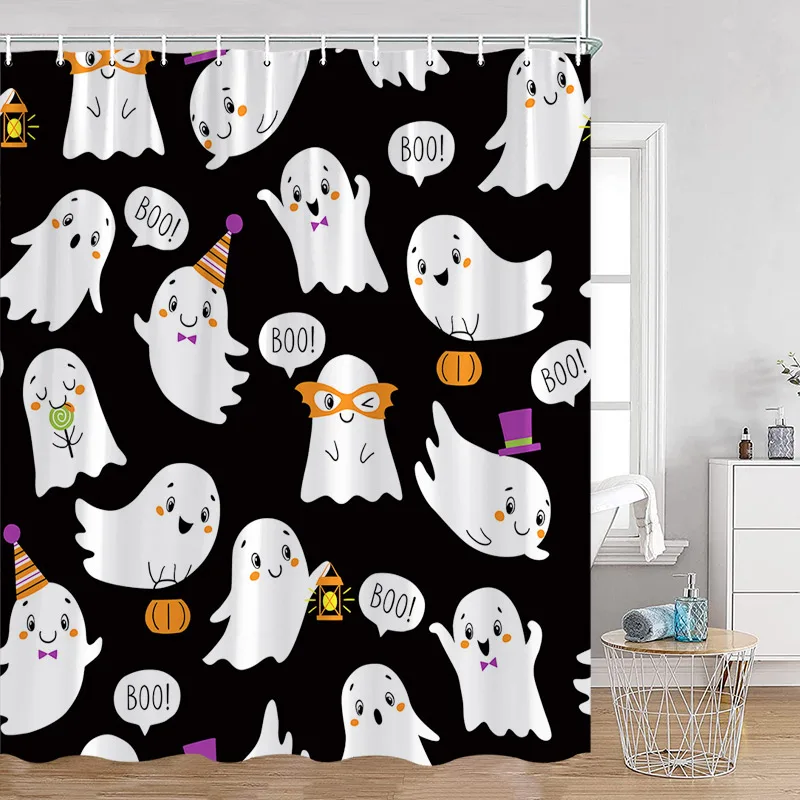 Cute Ghost Shower Curtains White Cartoon Spectre Halloween Bath Curtain Set Black Kids Home Bathroom Decor Polyester with Hooks