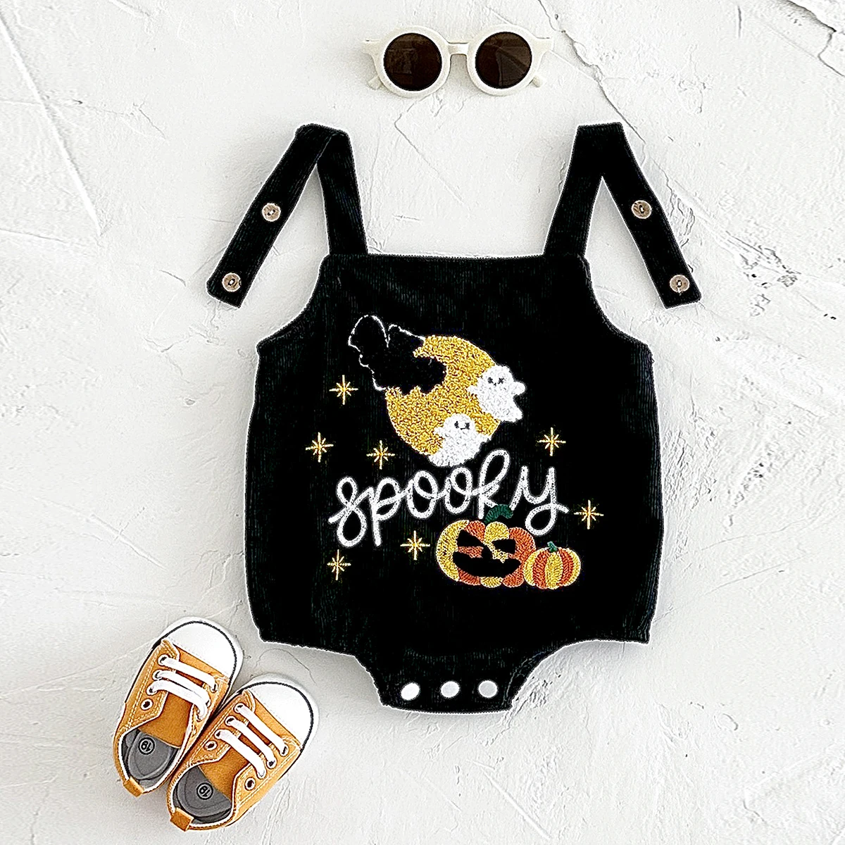 0-18M Infant Clothes Baby Boy Girl 1st Halloween Pumpkin Ghost Embroidery Bodysuit Fall Bubble Romper Toddler Corduroy Overalls