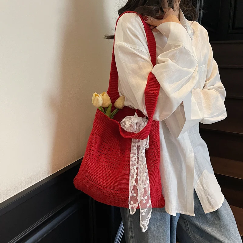 

With Lace Ribbon Solid Color Woven Bag Hollow Out Tote Beach Bag Large Capacity Bohemian Style Women Hollow Shoulder Bag