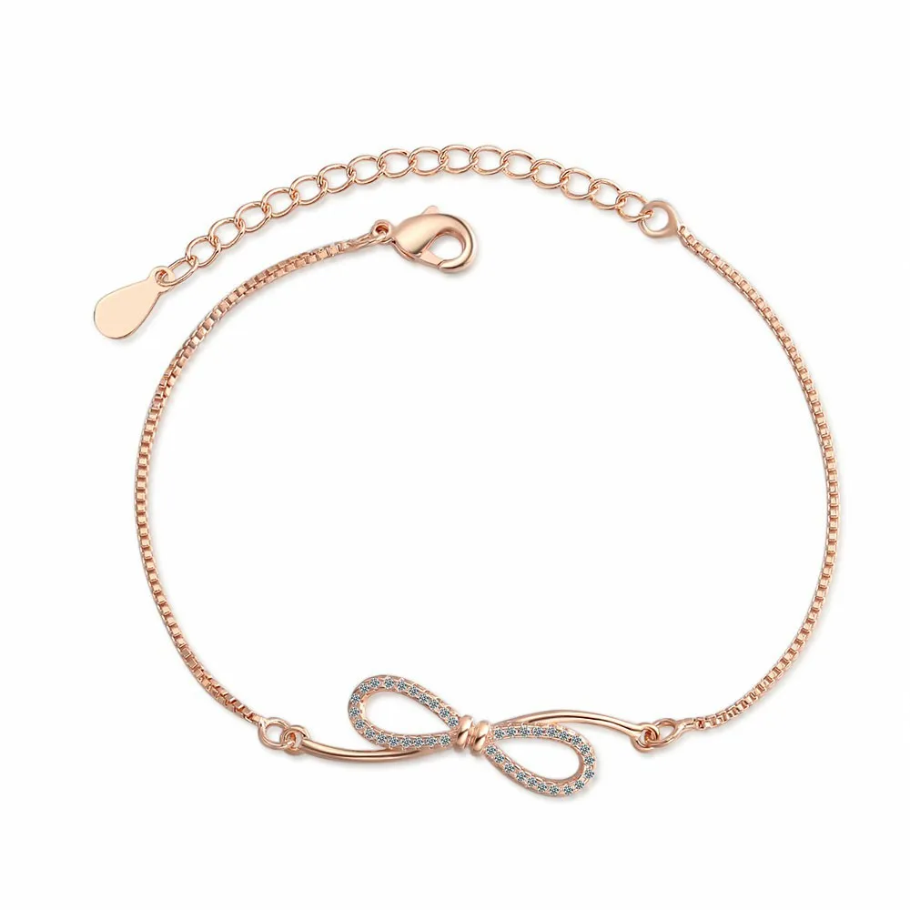 

925 Sterling Silver Simple Fashion Gold Color Bow Zircon Bracelet Birthday Party Anniversary Gift