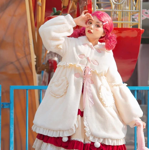 Lolita jas winter verdikte schattige ruches pluche warme lange mouw losse jas lief meisje kerst grote schommel witte vetermantel