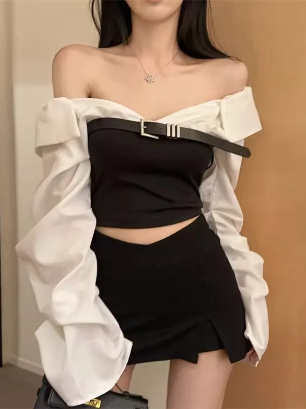 

Chic Short Shoulder Shirt Women's Early Autumn Design Splice Style Hot Girl Color Block Shirt Hong Kong Style Fashion Top