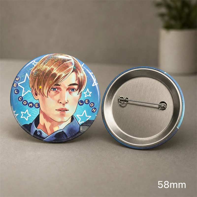 Leon Kennedy Badge Resident Evil 2 Remake Glitter Pin Round Anime Brooch Badge for Backpack Jacket Halloween Cosplay Fans Gift