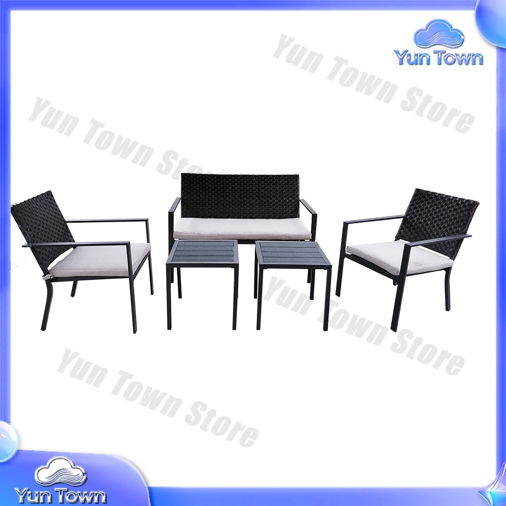 Factory Wholesale Outdoor Indoor Use Backyard Balcony Rattan Stacking Chair And Coffee Table Black Patio Furniture